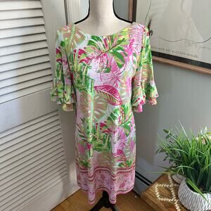 PAPPAGALLO Womens Dress Medium Pink Green Tropical Preppy Bell Sleeve Coastal
